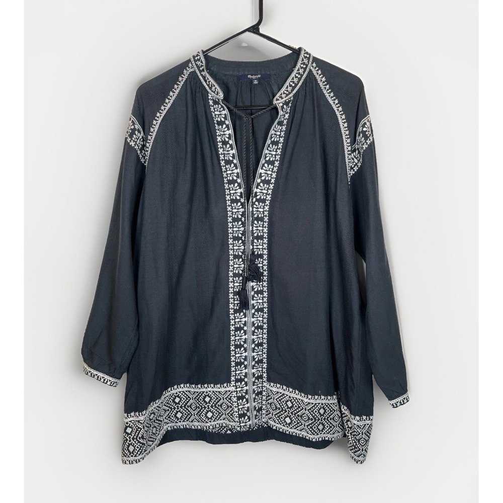 MADEWELL Tunic Top Womens Sz Medium Black White Embroidered Peasant Cotton Boho